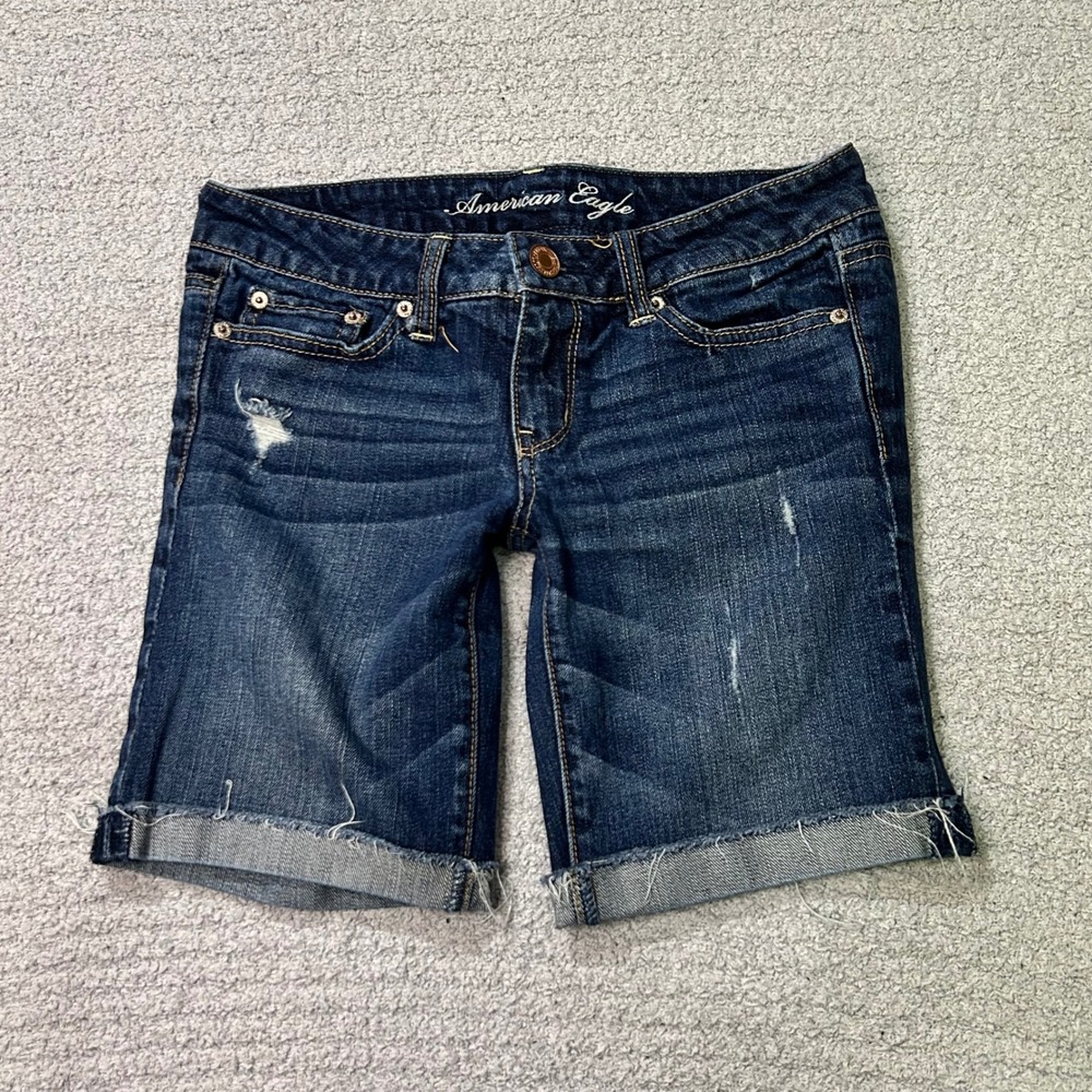 American Eagle Denim Bermuda Shorts 4 Dark Blue Ultra Low Rise Y2K Distressed